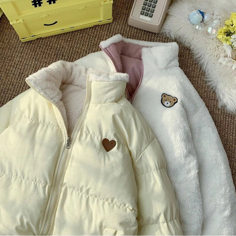 JMPRS Cute Embroidery Women Parkas Coat Winter Thick Hairy Korean Loose Warm Jacket Double Sided Design Pink Student Clothes