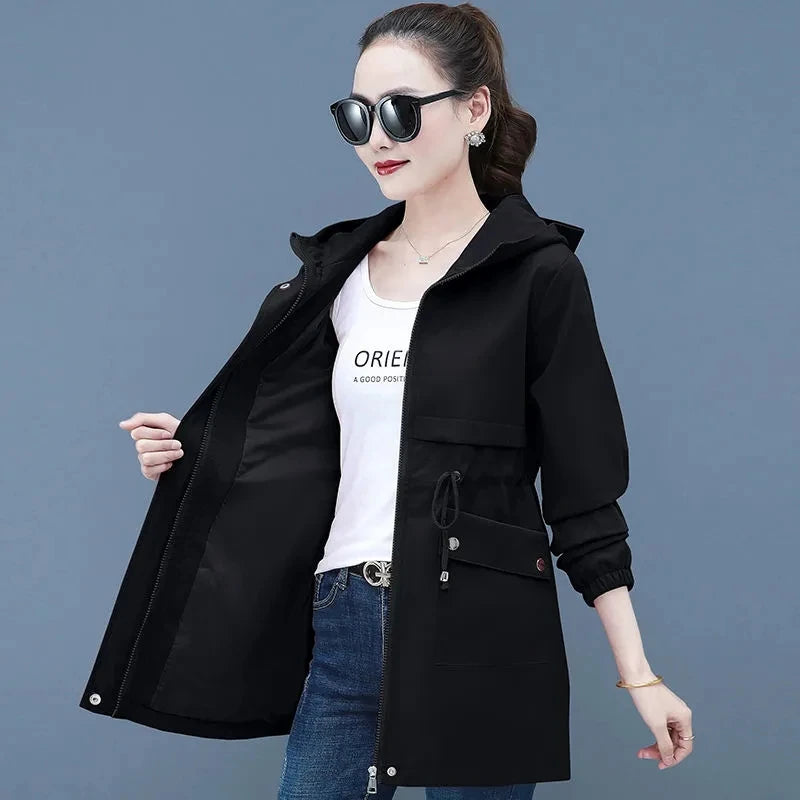 2023 New Spring Autumn Women Jackets Hooded Windbreaker Basic Coat Long Coats Lightweight Outerwear Famale Cardigan Clothing