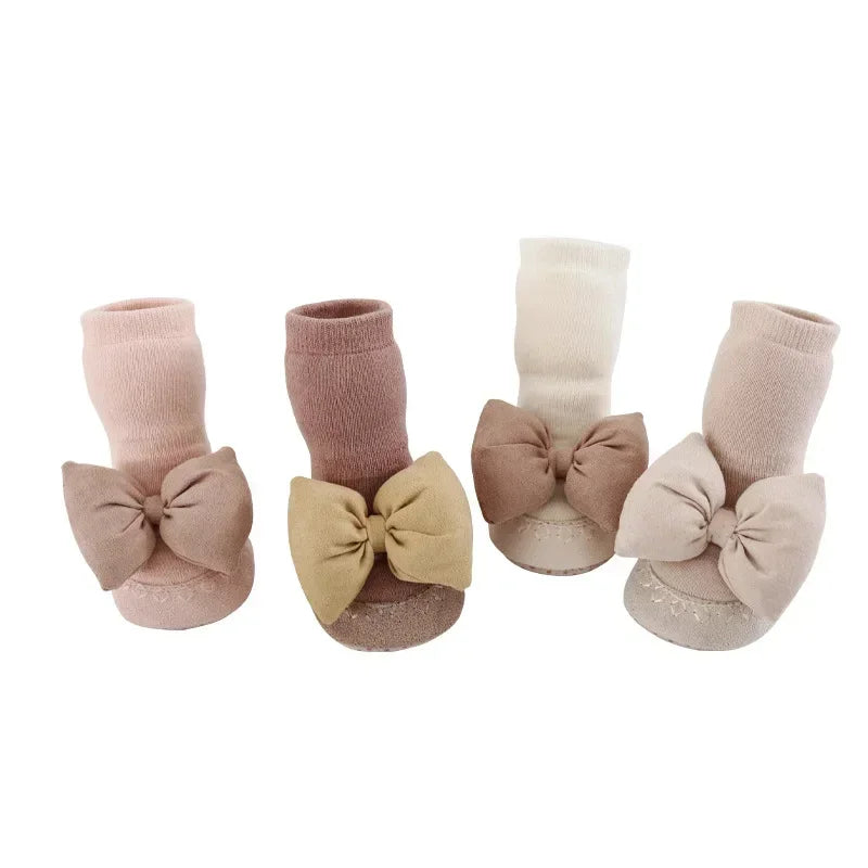 1 Pair Newborn Sock Shoes Korean Fashion Bowknot Non-slip Floor Calf Sock Shoes for Baby Girl Autumn Winter Cotton First Walker