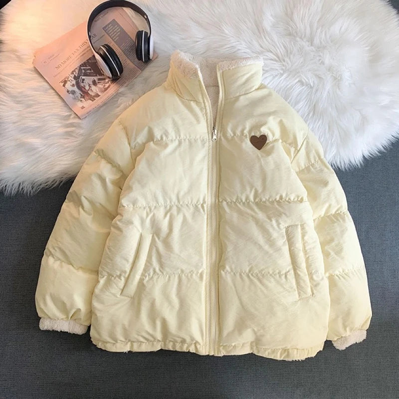 JMPRS Cute Embroidery Women Parkas Coat Winter Thick Hairy Korean Loose Warm Jacket Double Sided Design Pink Student Clothes