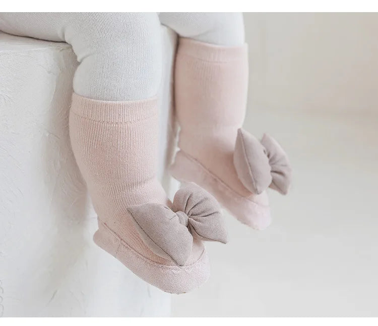 1 Pair Newborn Sock Shoes Korean Fashion Bowknot Non-slip Floor Calf Sock Shoes for Baby Girl Autumn Winter Cotton First Walker