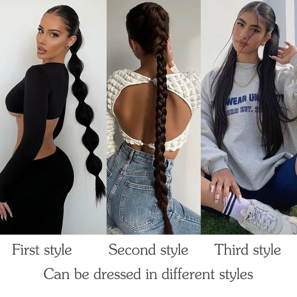 Synthetic Braided Ponytail Extensions Long Black Rubber Band Hairpiece Pony Tail with Hair Tie for Women High Temperature Fiber