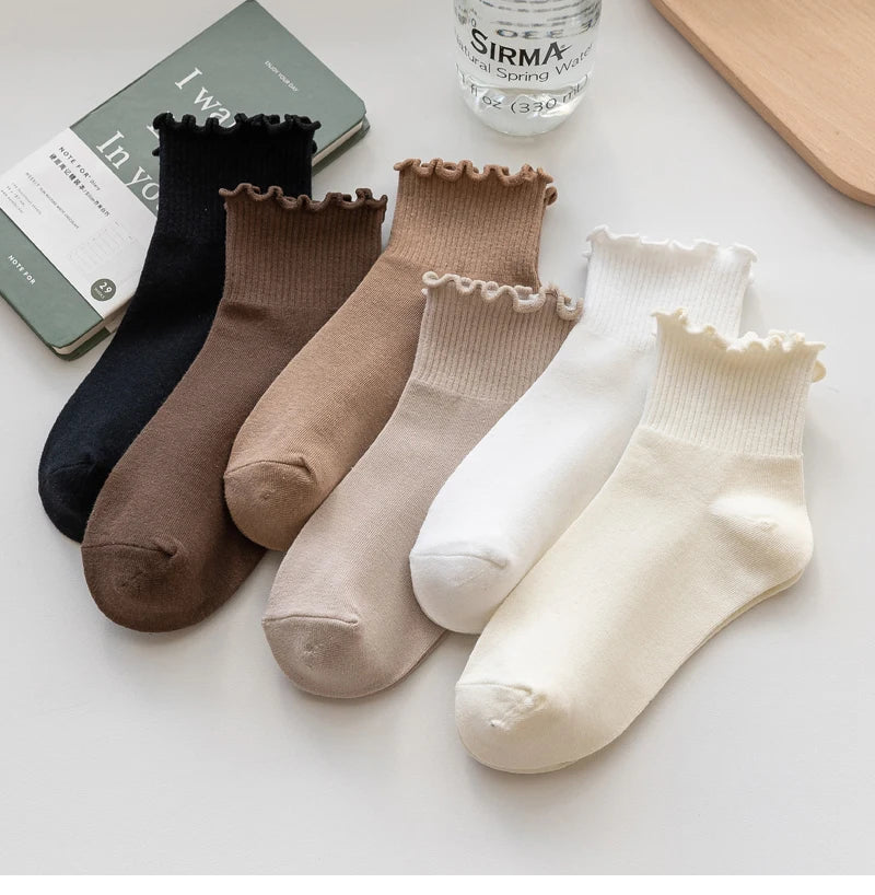 3 Pairs/Lot Cute Socks For Women New Japanese Style Breathable Girls Short Socks Kawaii Solid Socks Frilly Ruffle Socks Casual