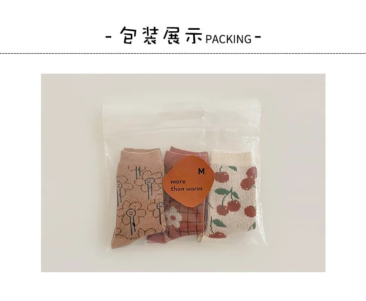 Girls Socks Spring Cotton Socks Cute Cherry Flower Socks Kids Calf Length Double Woven Cotton Socks
