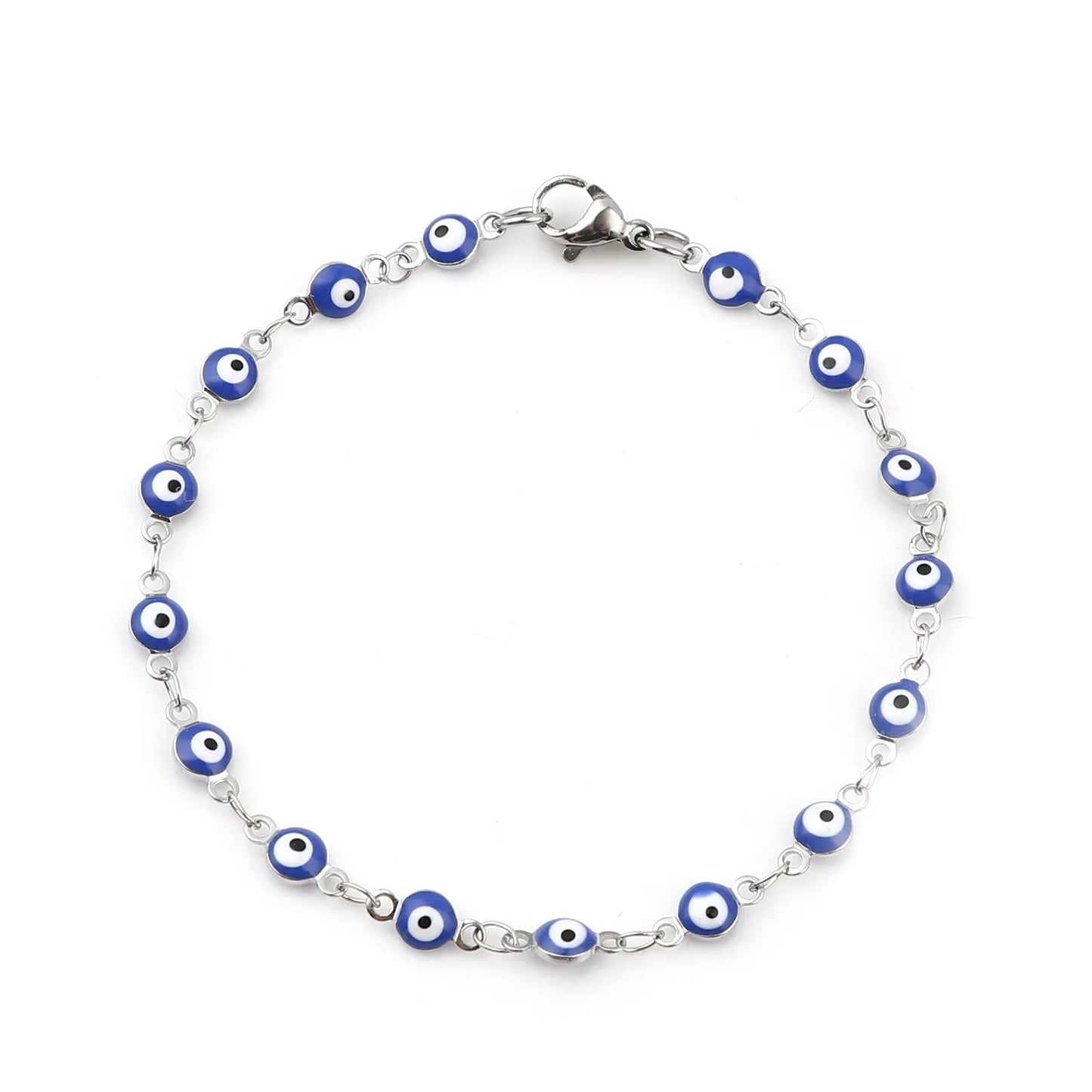 304 Stainless Steel Religious Evil Eye Bracelet Enamel Beads Link Chain Bracelet For Women Men Turkish Jewelry Bangle 19.5cm,1PC