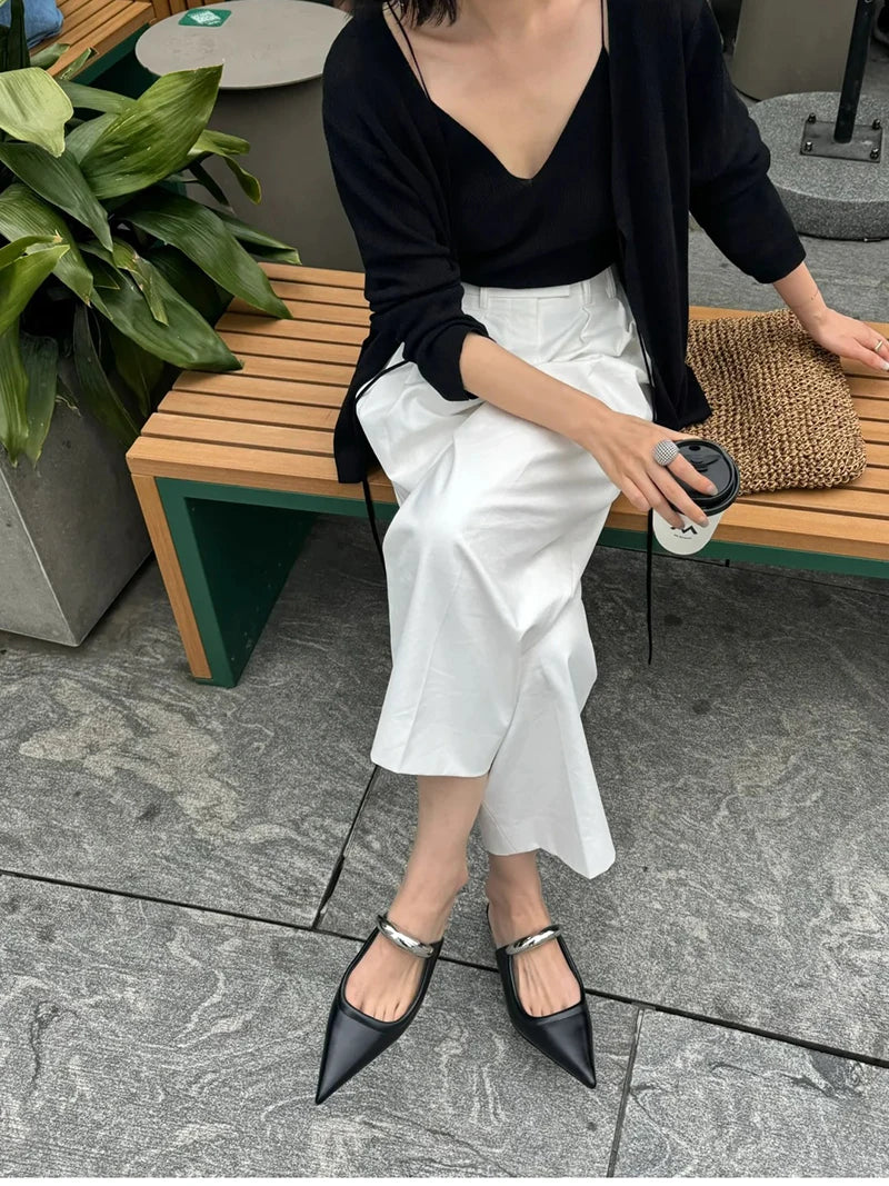 Thick Heel Women Mules Slippers Shoes Fashion Shallow Metal Decoration Slides Spring Autumn Outdoor Party Dress Shoes