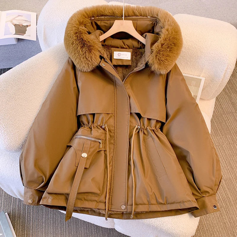 2023 New Fashion Women Winter Jacket Fake Fur Collar Oversized Long Coat Hooded Warm Lining Female Puffer Jacket Parkas Mujer