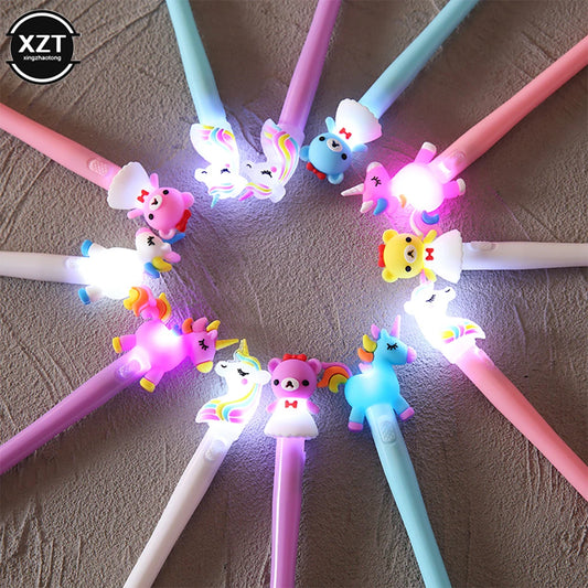 4pcs Gel Pen Unicorn Pen with LED Light Kawai Cute Girl Gel Ink Pen Luminous Pen School Stationery Children's Stationery