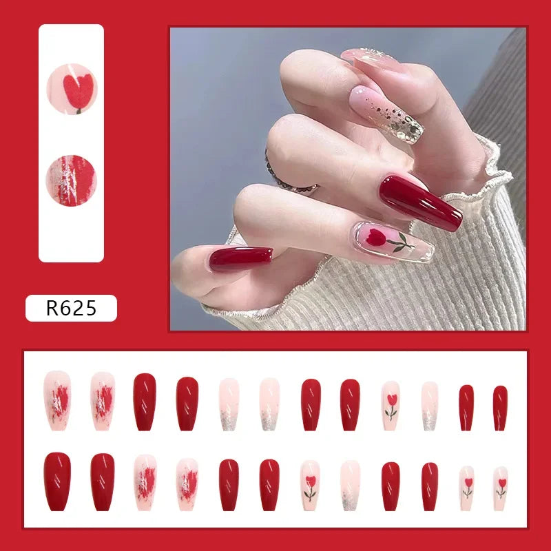 24Pcs Green Fake Nails Press on Nail Designs Art Long Tips False Forms with Glue Stick Stickers Reusable Set Acrylic Artificial