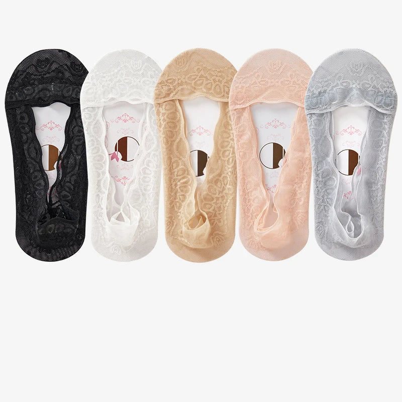 10pcs Lace Flower Sock Slippers Women Summer Breathable Silicone Non-slip Ankle Invisible Slipper Hollow Boat Socks Ballet Sox