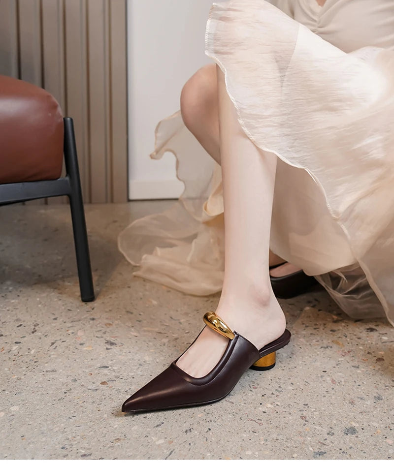 Thick Heel Women Mules Slippers Shoes Fashion Shallow Metal Decoration Slides Spring Autumn Outdoor Party Dress Shoes
