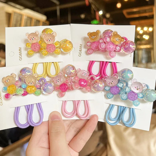 2PCS New Graffiti Bear Girls Kids Elastic Hair Bands Lovely Princess Hair Accessories Children Hair Ties Baby Headwear