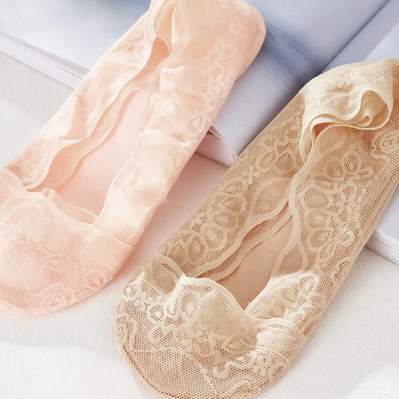 10pcs Lace Flower Sock Slippers Women Summer Breathable Silicone Non-slip Ankle Invisible Slipper Hollow Boat Socks Ballet Sox