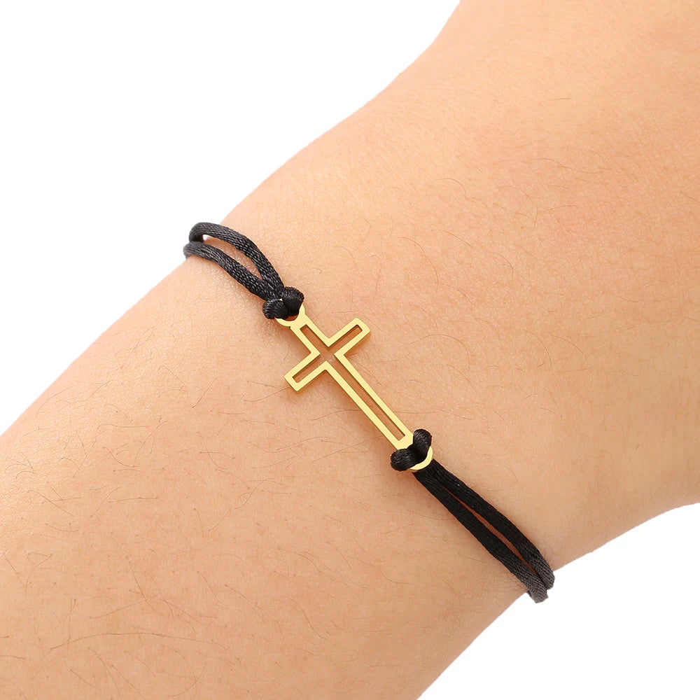 Stainless Steel Bracelets Gothic Hollow Cross Hand Braided Lucky Black Red Rope Fashion Charm Bracelet For Women Jewelry Gifts