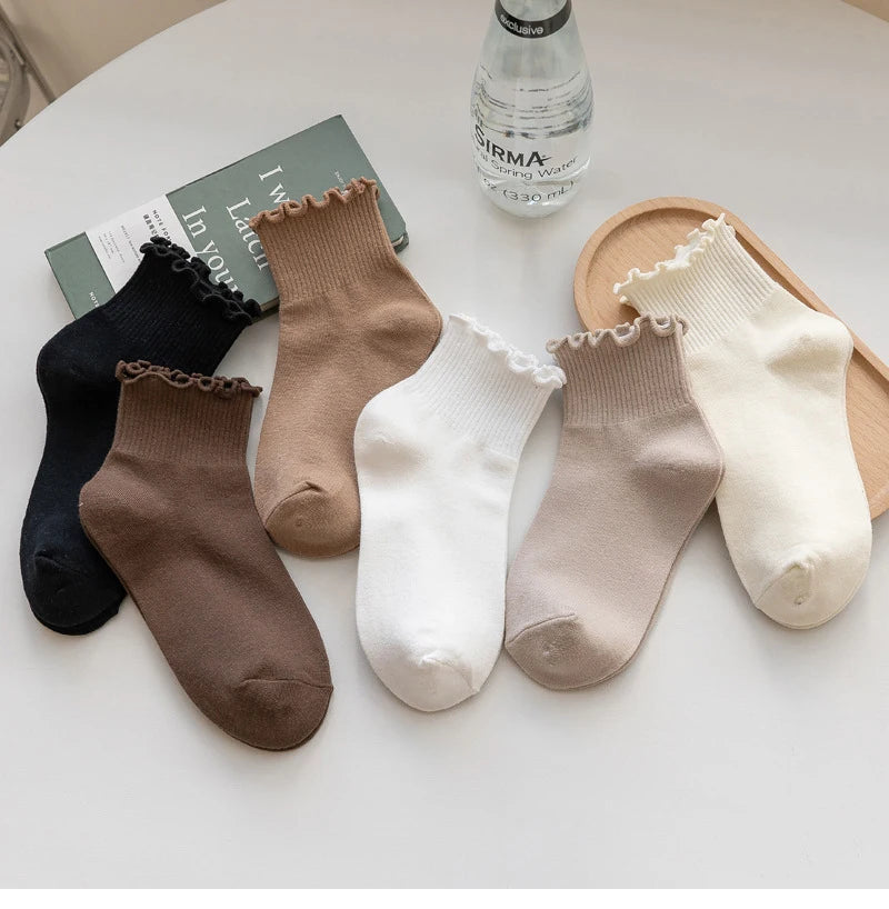 3 Pairs/Lot Cute Socks For Women New Japanese Style Breathable Girls Short Socks Kawaii Solid Socks Frilly Ruffle Socks Casual