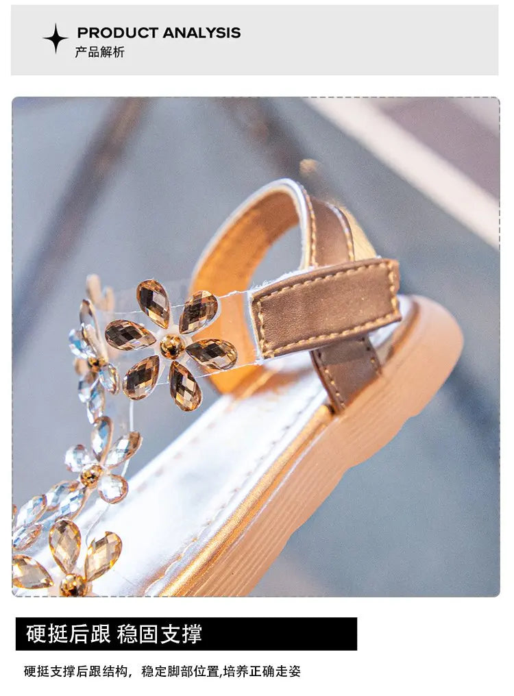 2024 Summer Girls Sandals Flower Crystal Princess Shoes Kids Fashion Rhinestone Beach Shoes Children Anti-slip Ankle Strap Shoes