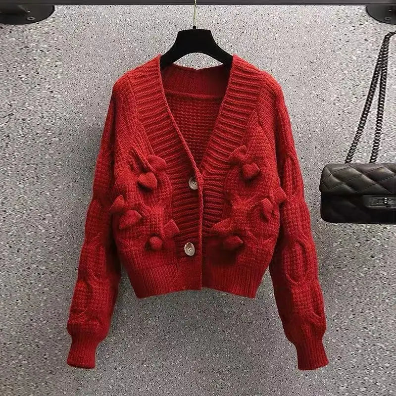 Women's Autumn and Winter Outerwear 2024 New Retro Japanese Style Lazy V-neck Bow Loose Knit Cardigan