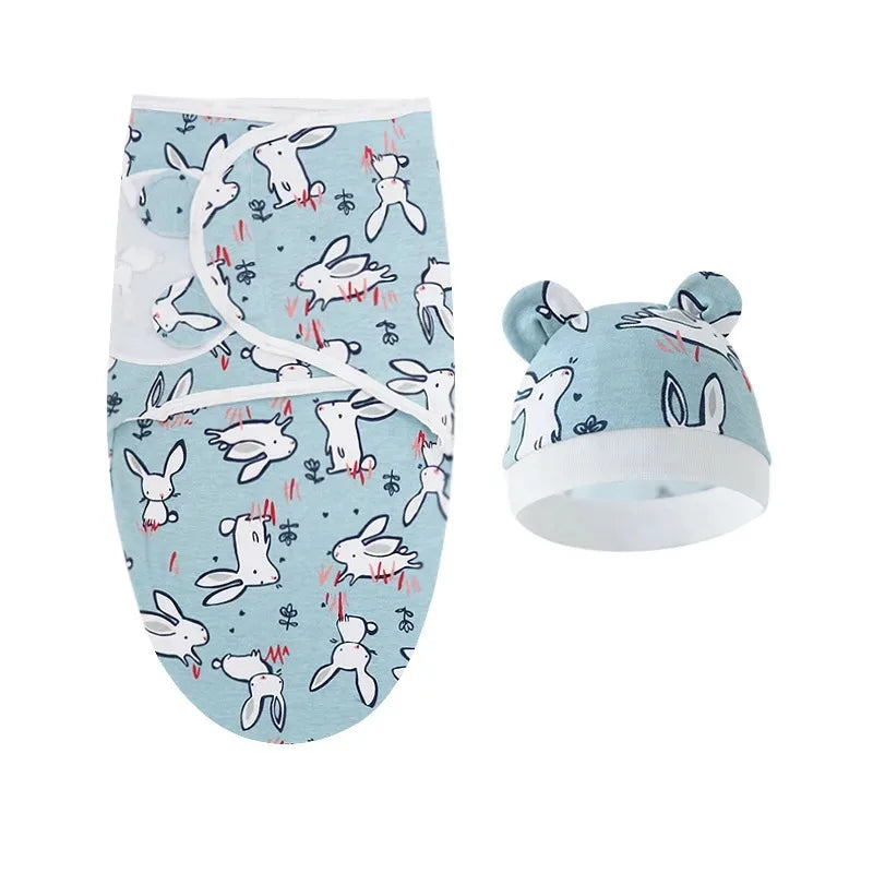Cotton Newborn Swaddle Cartoon Printed Baby Blanket Hat Set All Seasons Adjustable Infant Sleeping Swaddle Wraps 0-6 Months