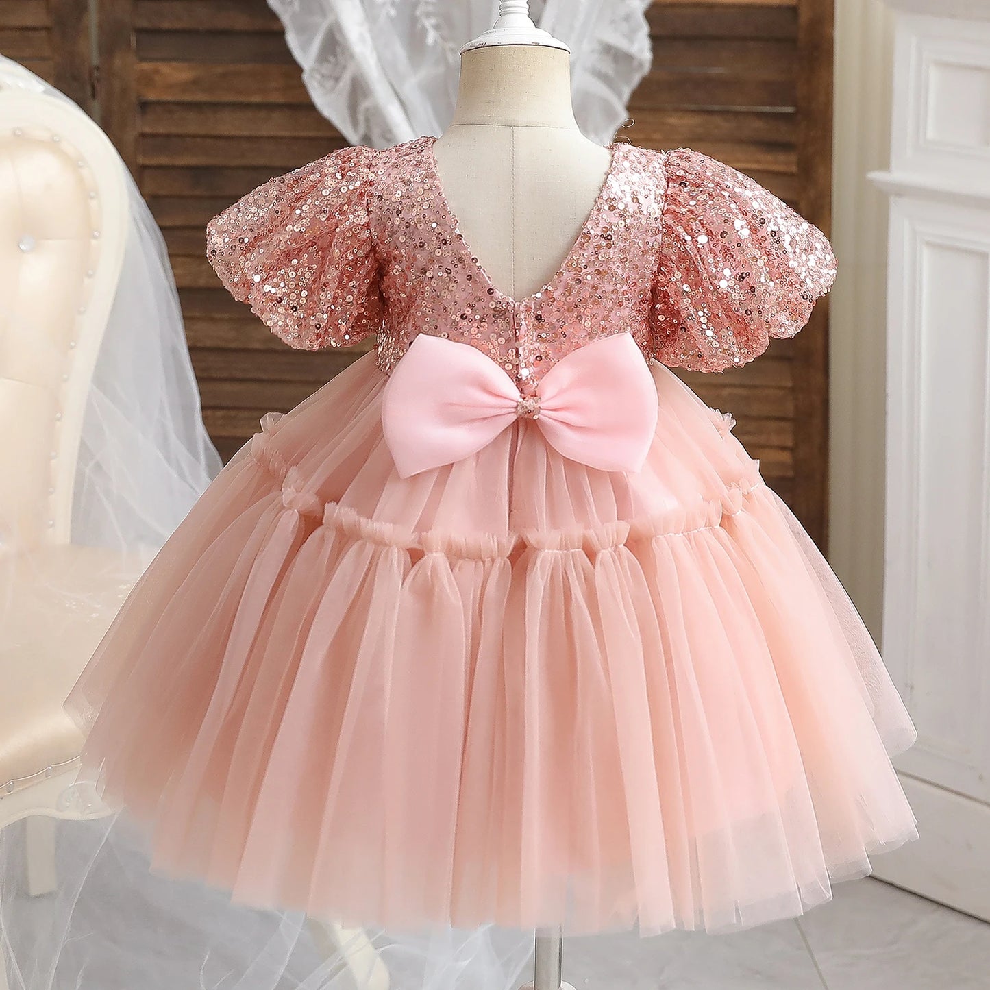 Toddler Girl Blue Beaded Tutu Gown 1-5 Years Baby Girl Birthday Party Dress Little Girl V-Back Bow Tulle Clothes Infant Costume