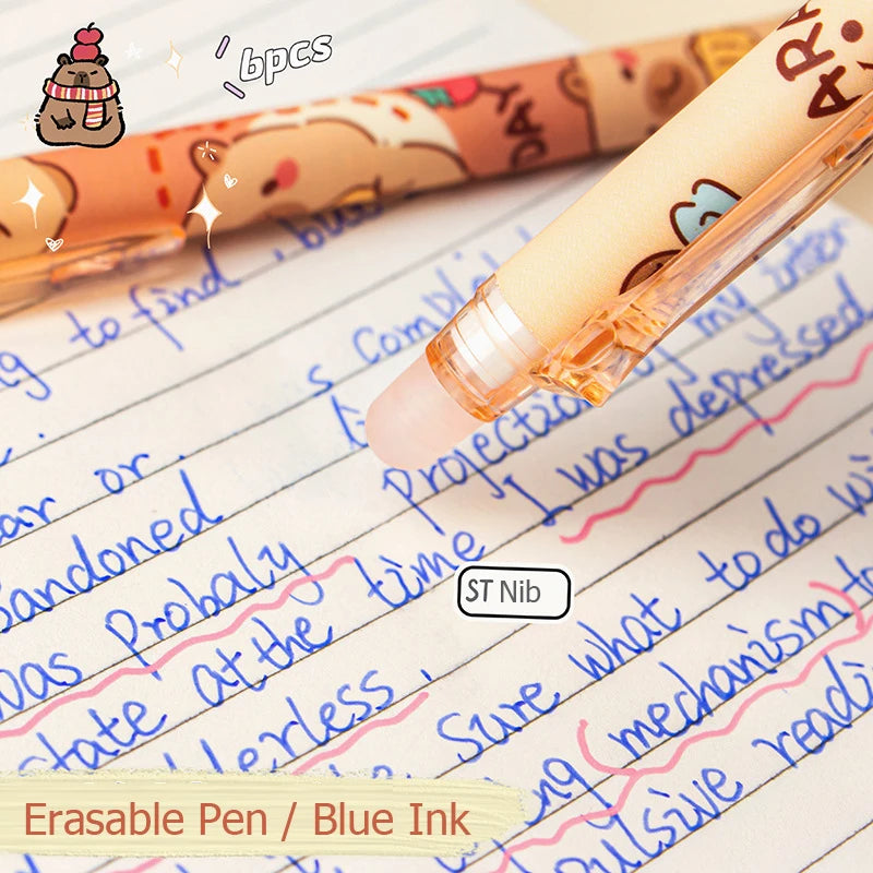 6pcs Cute Capybara Erasable Pen Blue Ink Writing Smooth Quick-Drying Office Accessories Elegant Pens Cute Japanese Stationery