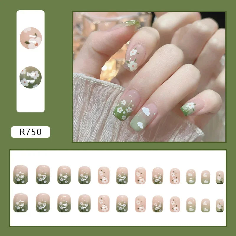 24Pcs Green Fake Nails Press on Nail Designs Art Long Tips False Forms with Glue Stick Stickers Reusable Set Acrylic Artificial