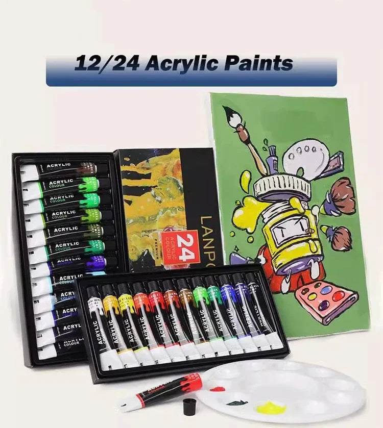 12/24 Colors Professional Acrylic Paints Set 12ml Painting Pigment Artist Drawing Fabric Glass Waterproof Paint Tube