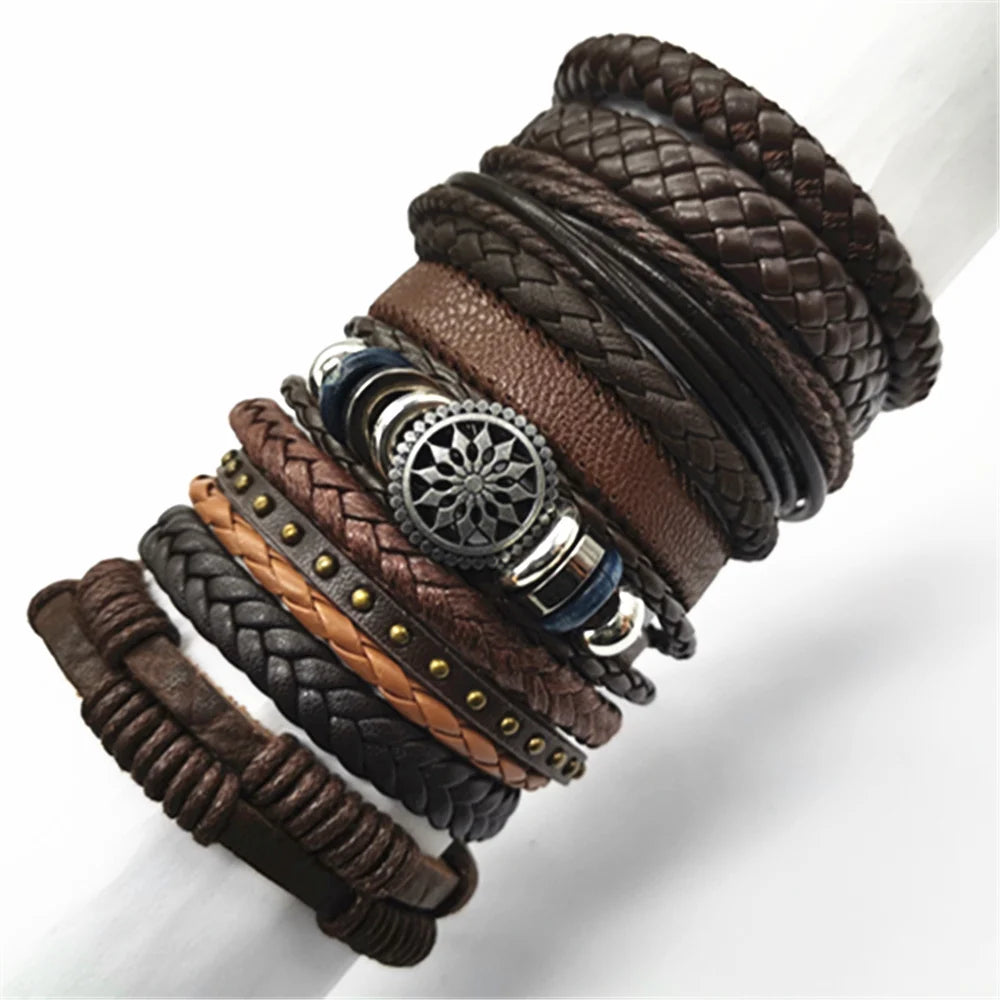 10 Pcs/set Black Wrap Woven New Fashion Handmade Men Bracelets Male Women Leather Bracelets Men Bangle Wholesale Jewelry Gift