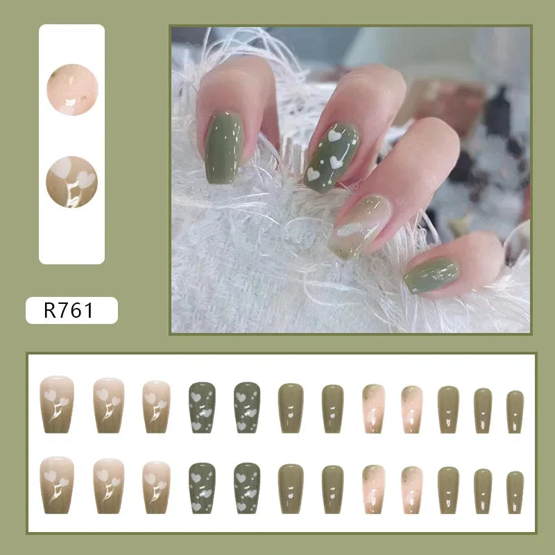 24Pcs Green Fake Nails Press on Nail Designs Art Long Tips False Forms with Glue Stick Stickers Reusable Set Acrylic Artificial