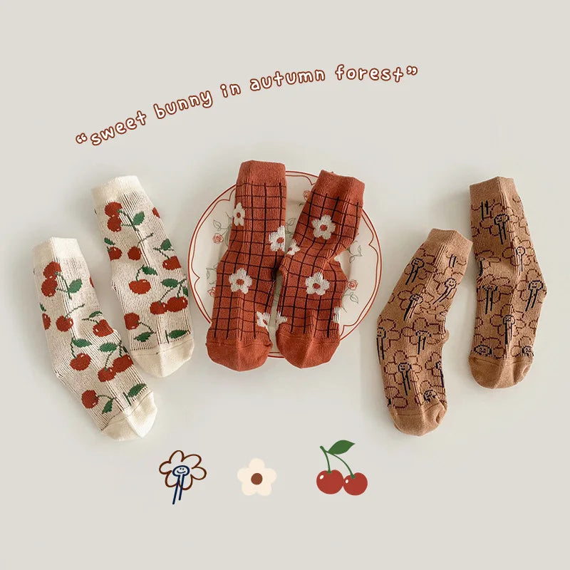 Girls Socks Spring Cotton Socks Cute Cherry Flower Socks Kids Calf Length Double Woven Cotton Socks