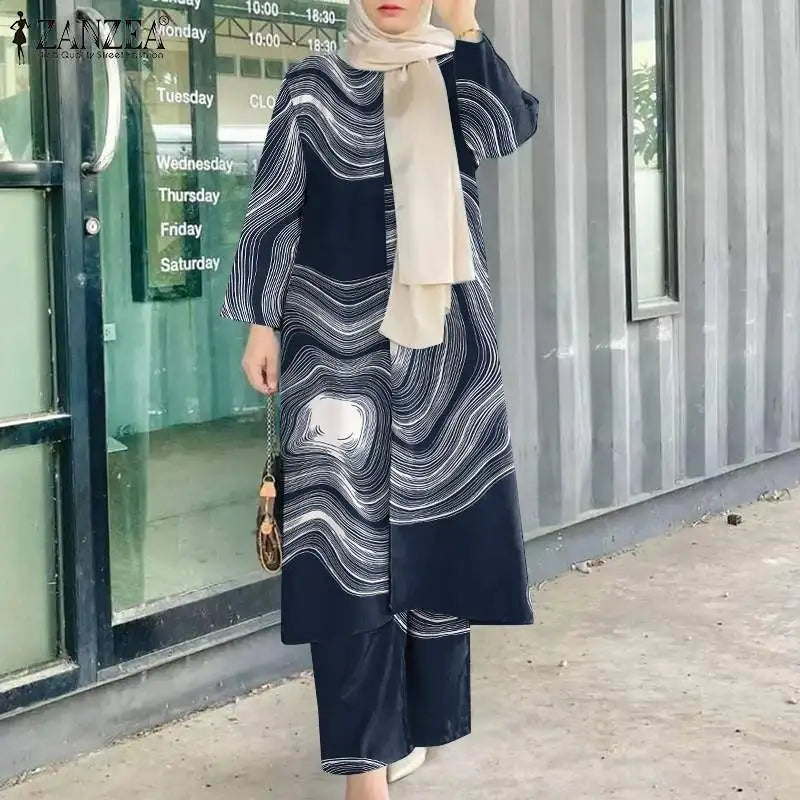 2023 Autumn Tracksuits Fashion Printed Muslim Sets Islamic Outfits ZANZEA Women Long Sleeve Blouse Causal Pants Sets Abaya Suit