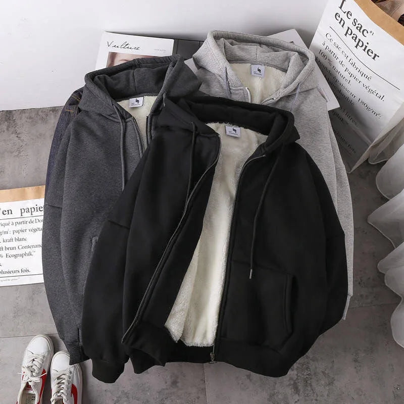 Ready Stock Women Coat Plush Jackets Solid Color Velvet Thick Warm Winter Hoodies Coat Zipper Sweatshirt Tops Winter Plus Size