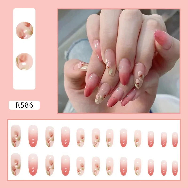 24Pcs Green Fake Nails Press on Nail Designs Art Long Tips False Forms with Glue Stick Stickers Reusable Set Acrylic Artificial