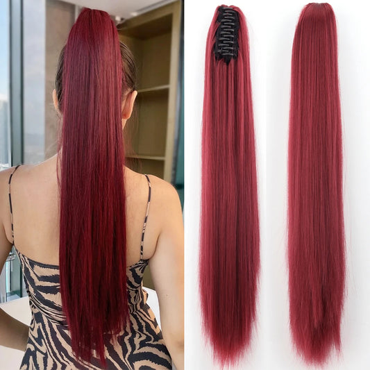 Synthetic Long Straight Claw Clip In Ponytail Hair Extensions 24Inch Heat Resistant Pony Tail Hair Piece For Women Daily Use