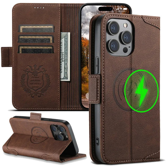 EUCAGR Magsafe Business Leather Wallet Phone Case For iPhone 12 13 14 15 Pro Max Plus 15Plus 14Pro With Flip Card Holder Cover