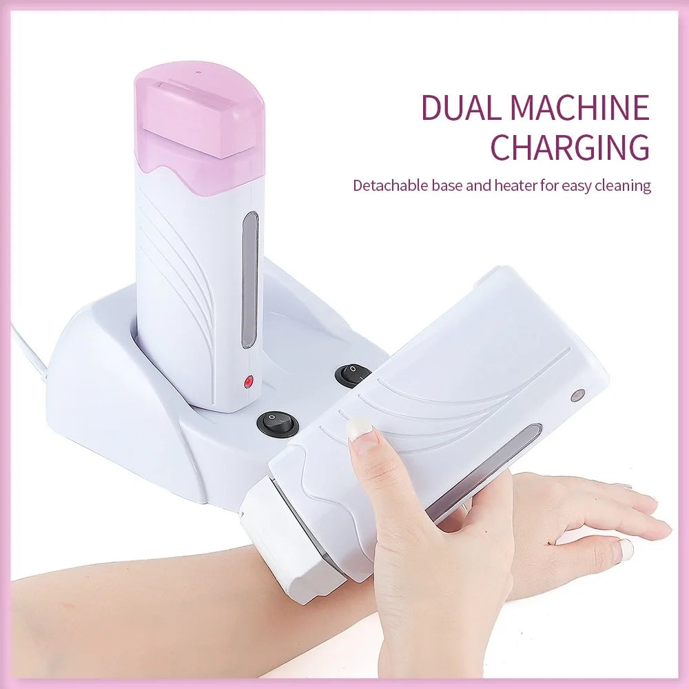 3 IN 1 Double Roller Depilatory Wax Waxing Kit Hair Removal Waxing Kit Wax Heater with Wax Cartridge Facial Body Bikini Epilator