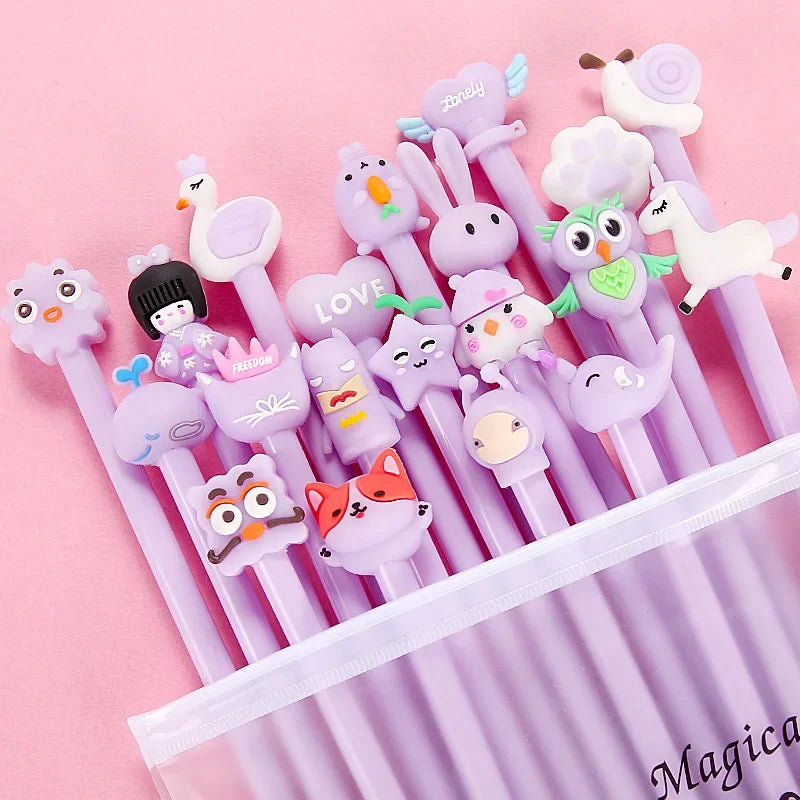 20Pcs/Lot Kawaii Cartoon Gel Pen 0.5mm Black Ink Writing Neutral Pens Cute School Office Stationery Supplies Student Kids Gift