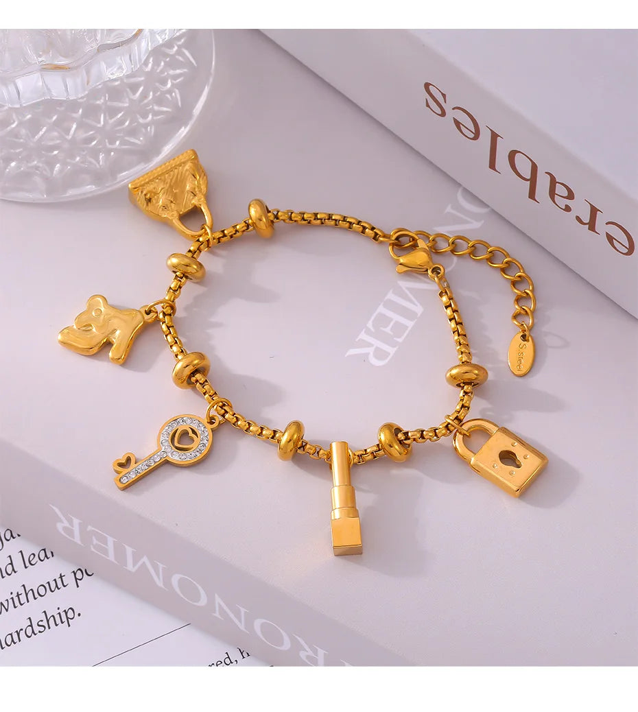316L Stainless Steel Bracelets With Various Pendants For Women 18K Gold Plated Waterproof No Tarnish Women's Statement Bracelet