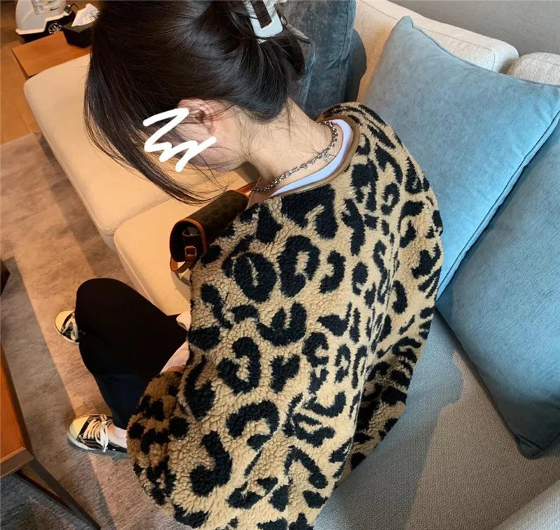 Autumn Winter Short Lmitation Fur Coat Women 2024 New Fashion Loose Casual Jacket Leopard Print Button Outerwear Female