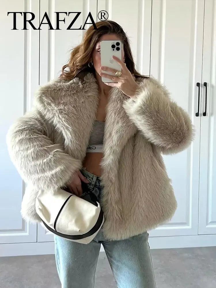 TRAFZA 2024 Female Vintage Coat Artificial Fur Effect Short Jacket Woman Warm Plush Elegant Casual Lapel Collar Thick Outerwear