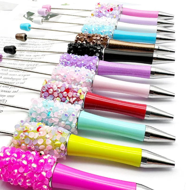 12Pcs Diamond Bead Pen DIY Beadable Ballpoint Pens Student Stationery Pens Writing Pen School Office Supplies