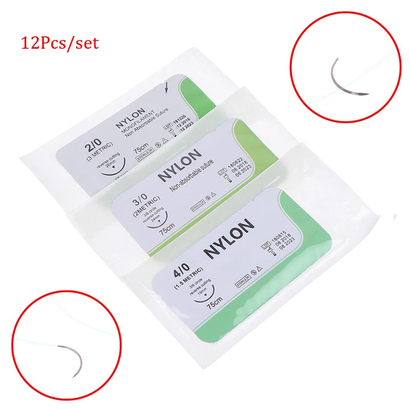 12PCS 2/0 3/0 4/0 Needle Suture Nylon Monofilament Non-injured Suture Medical Thread Suture For Medical Surgical Suture Tool