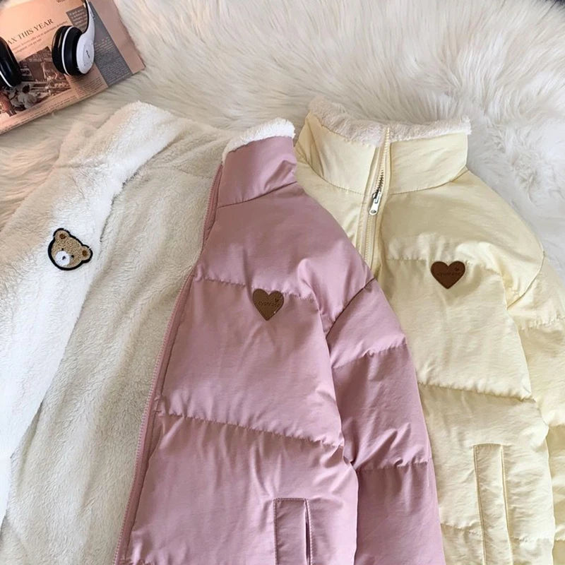 JMPRS Cute Embroidery Women Parkas Coat Winter Thick Hairy Korean Loose Warm Jacket Double Sided Design Pink Student Clothes