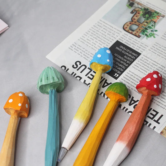 Hand-carved Wooden Mushroom Gel Pen Wood Neutral Pens Cute Writing Tools For Kids Gift School Supplies Stationery 0.5 Black Ink