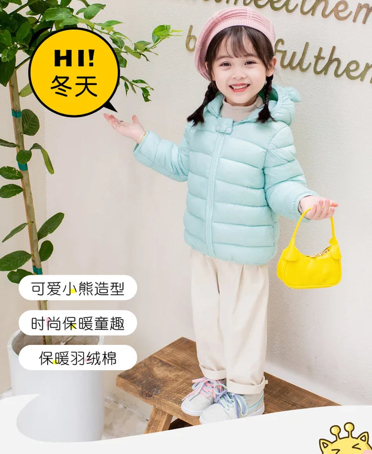 Cute Baby Girls Winter Clothes Kids Light Down Coats with Ear Hoodie Spring Girl Jacket Toddler Children Clothing for Boys Coat