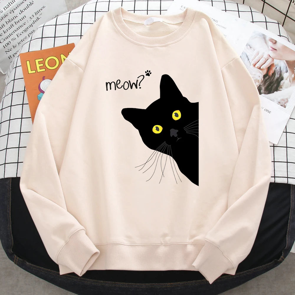 Winter Harajuku Woman Sweatshirt Meow Black Cat Printing Hoodies Comfortable All-Math Pullover Crewneck Loose Female Clothes