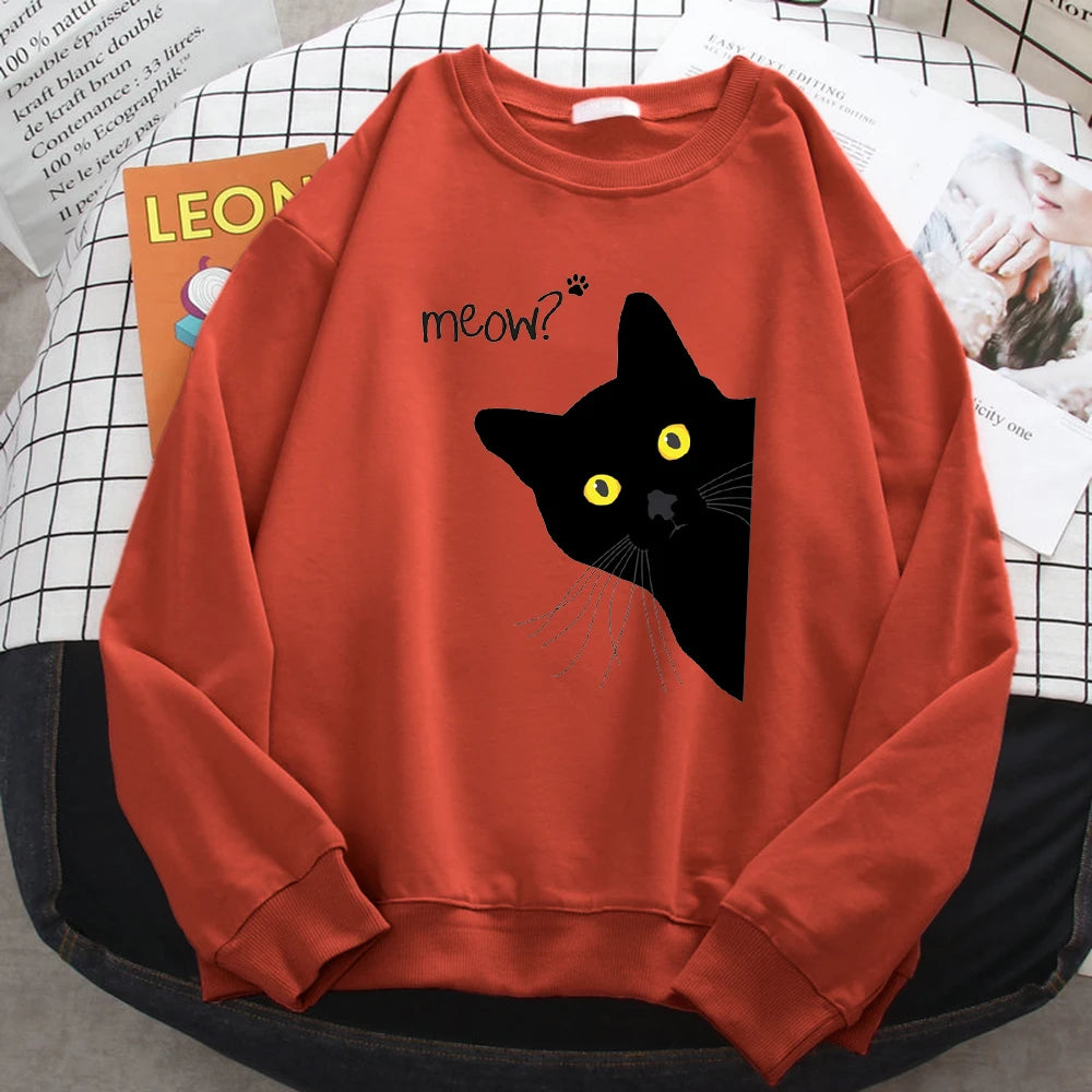 Winter Harajuku Woman Sweatshirt Meow Black Cat Printing Hoodies Comfortable All-Math Pullover Crewneck Loose Female Clothes