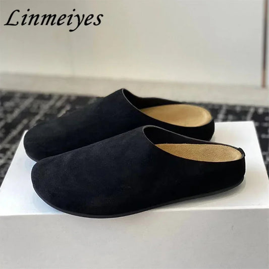 2024 New Flat Slippers Women High Quality Kid Suede Mules Shoes Round Toe Casual Comfort Slides Woman Thick Sole Slippers Woman