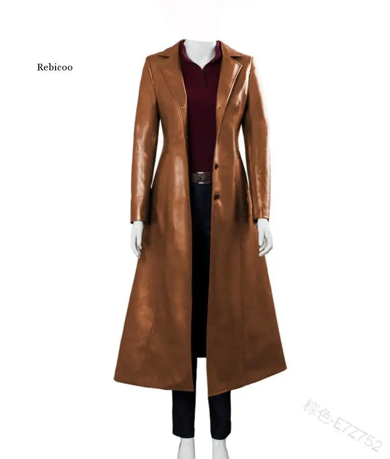 Women Long Leather Jacket Ladies Elegant Washed PU Leather Coats Trench Female Outerwear