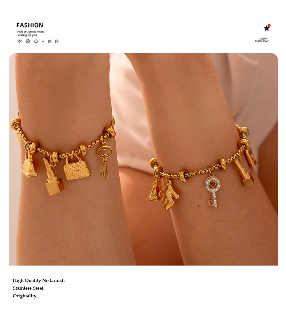 316L Stainless Steel Bracelets With Various Pendants For Women 18K Gold Plated Waterproof No Tarnish Women's Statement Bracelet