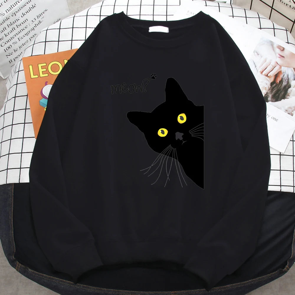 Winter Harajuku Woman Sweatshirt Meow Black Cat Printing Hoodies Comfortable All-Math Pullover Crewneck Loose Female Clothes